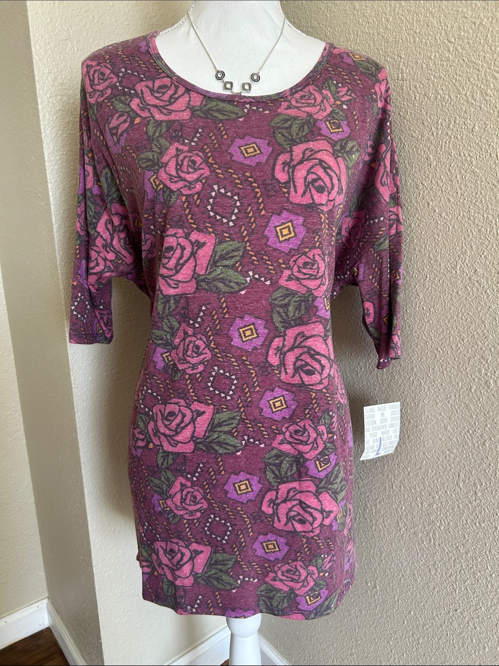 LuLaRoe Rose-Print Scoop Neck Tunic in Plum and Pink